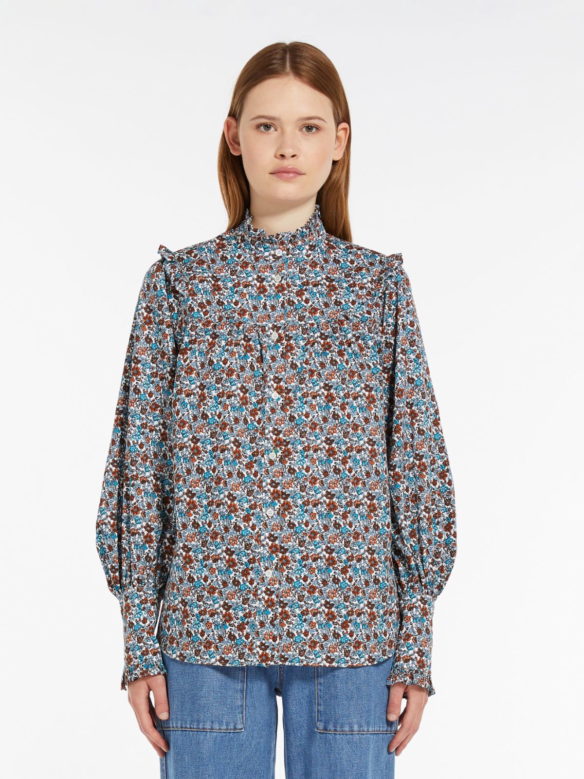 Printed twill shirt with ruches, white | Weekend Max Mara