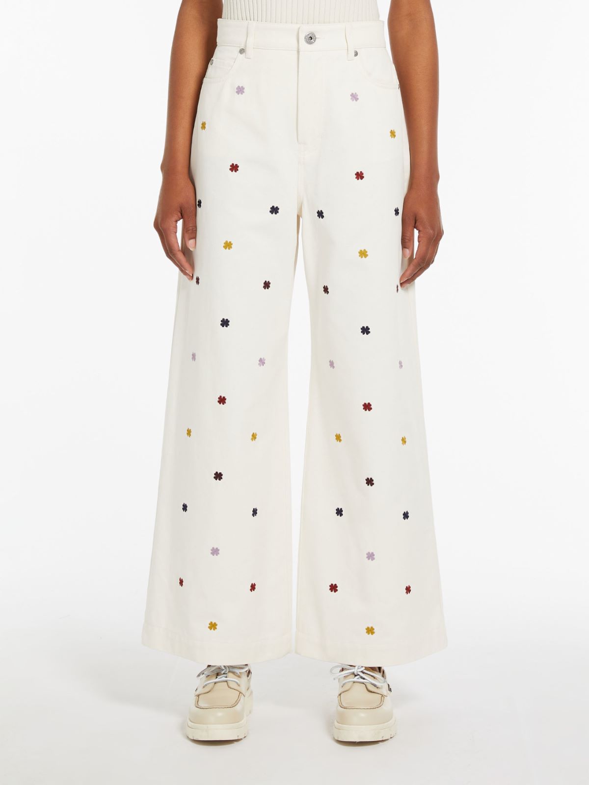 Embroidered cotton trousers, ecru