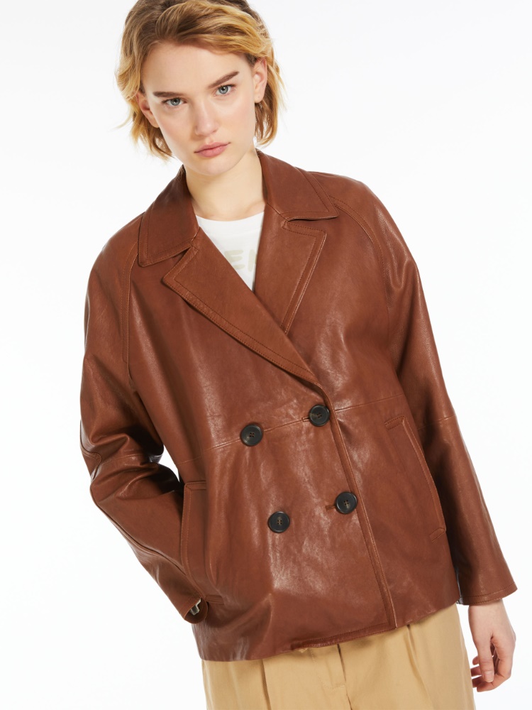 Double-breasted leather pea coat - TOBACCO - Weekend Max Mara