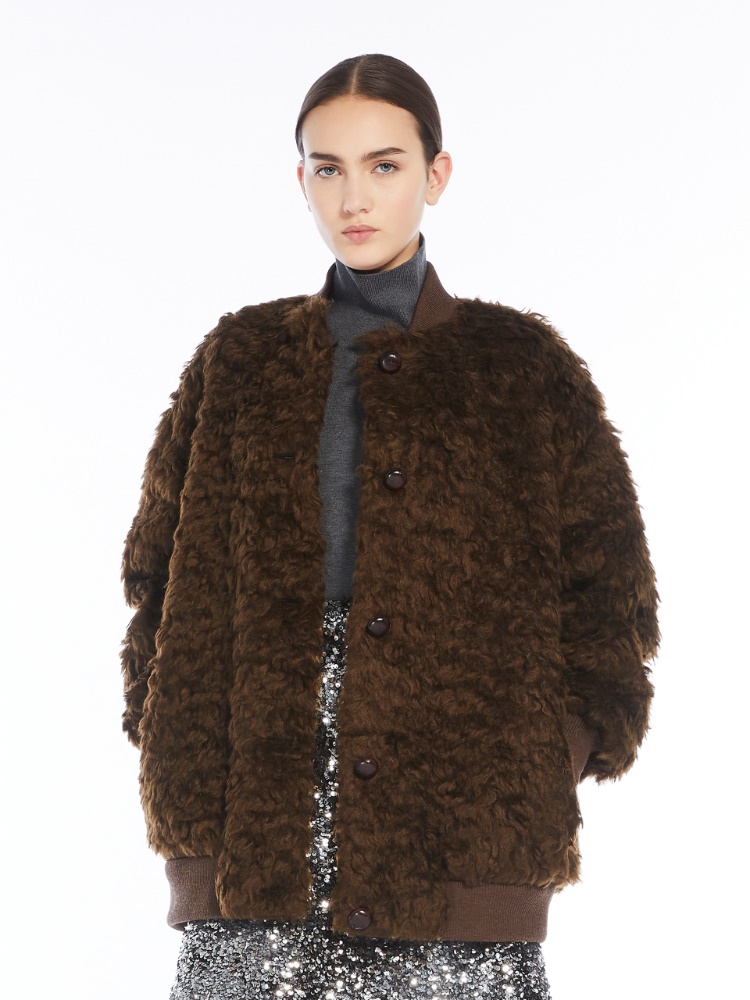 Short furry fabric bomber jacket - CHOCOLATE - Weekend Max Mara