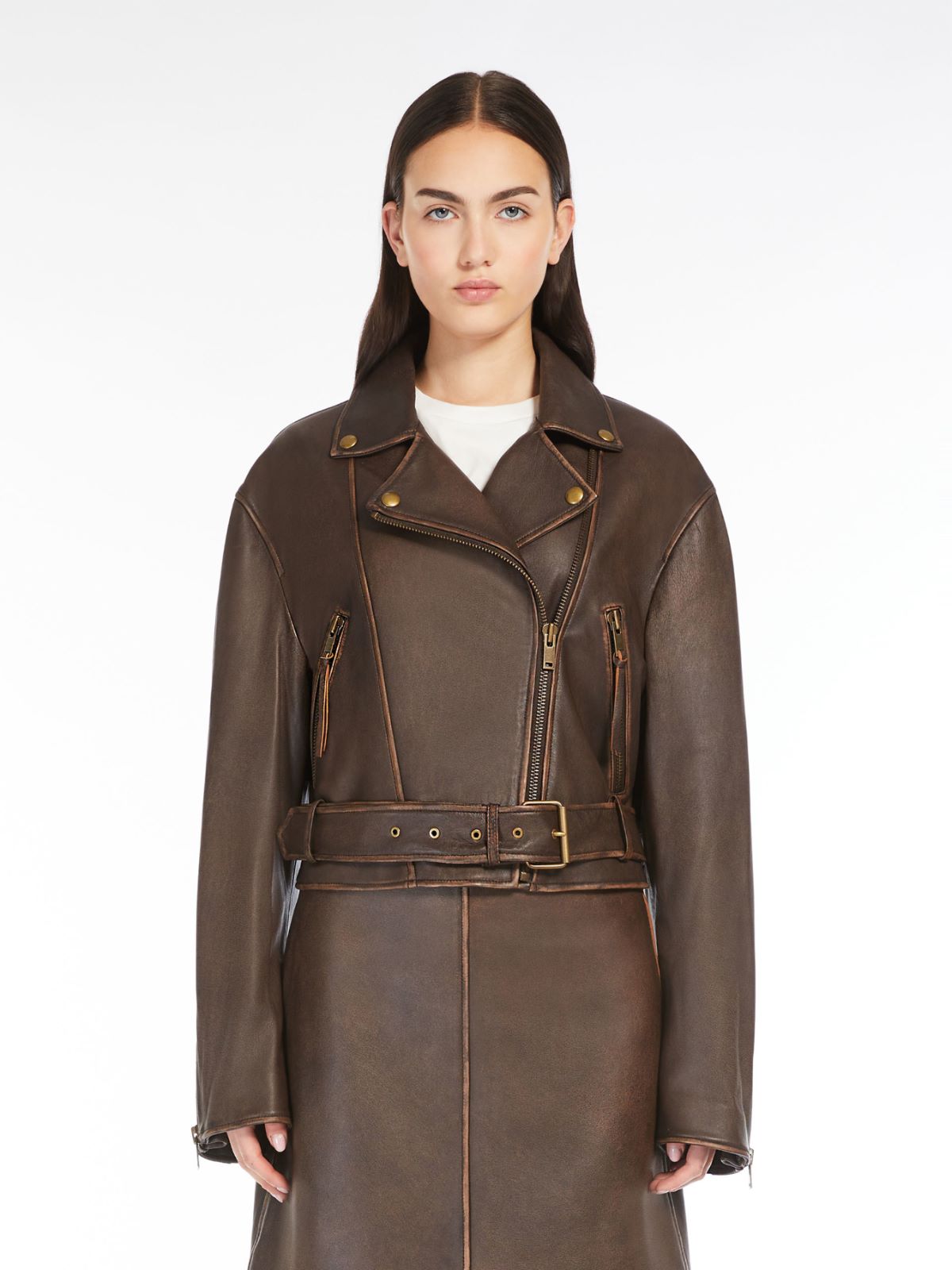 Leather biker jacket, dark bown | Weekend Max Mara