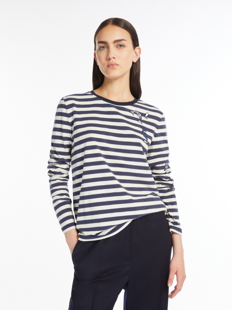 Print and embroidery-adorned cotton T-shirt - NAVY - Weekend Max Mara