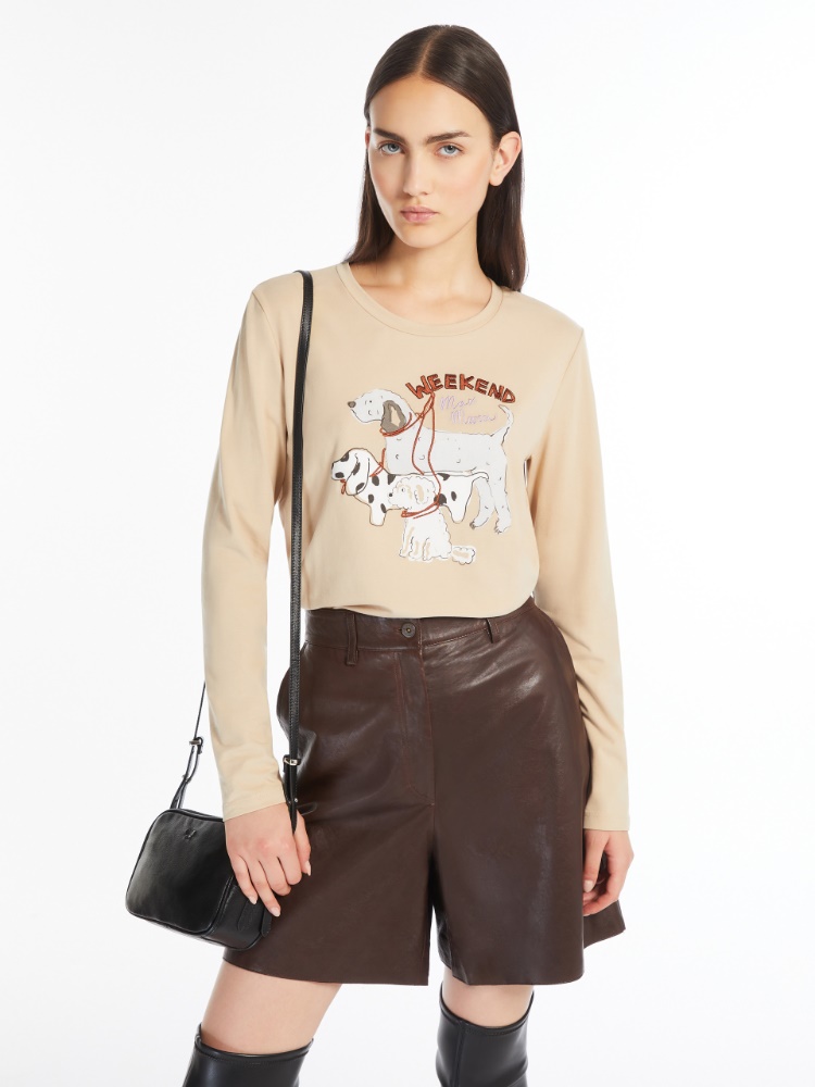 Print and embroidery-adorned cotton T-shirt - SAND - Weekend Max Mara