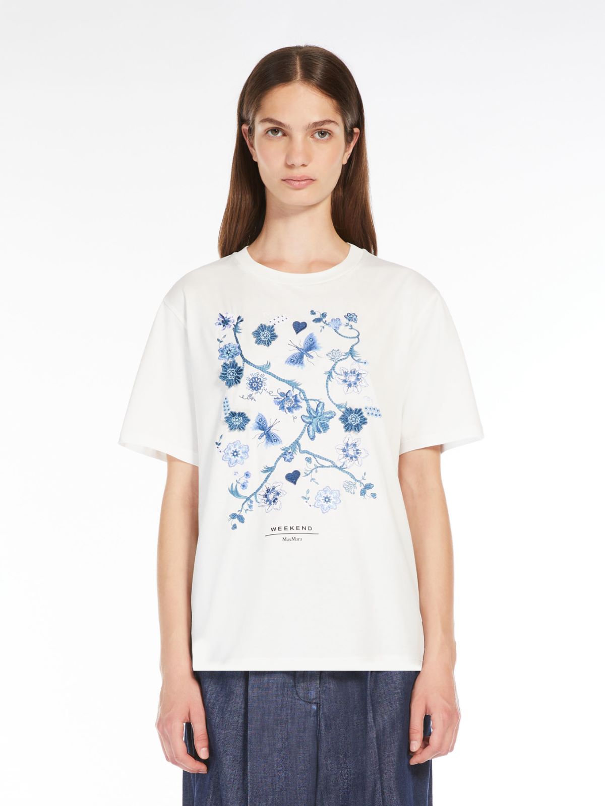 Cotton T-shirt with embroidered lettering detail, white | Weekend Max Mara