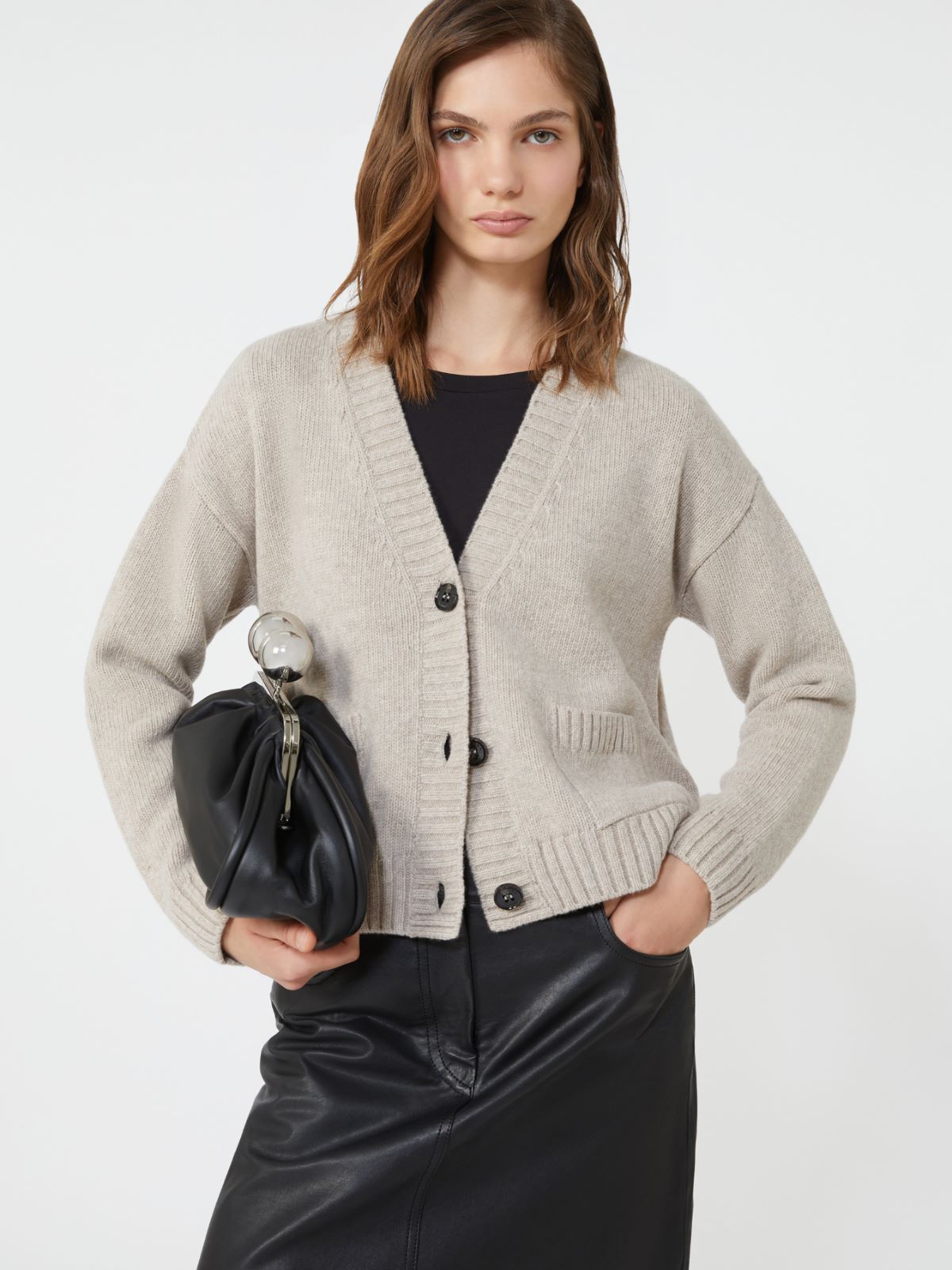 Wool knit V-neck cardigan - SAND - Weekend - 4