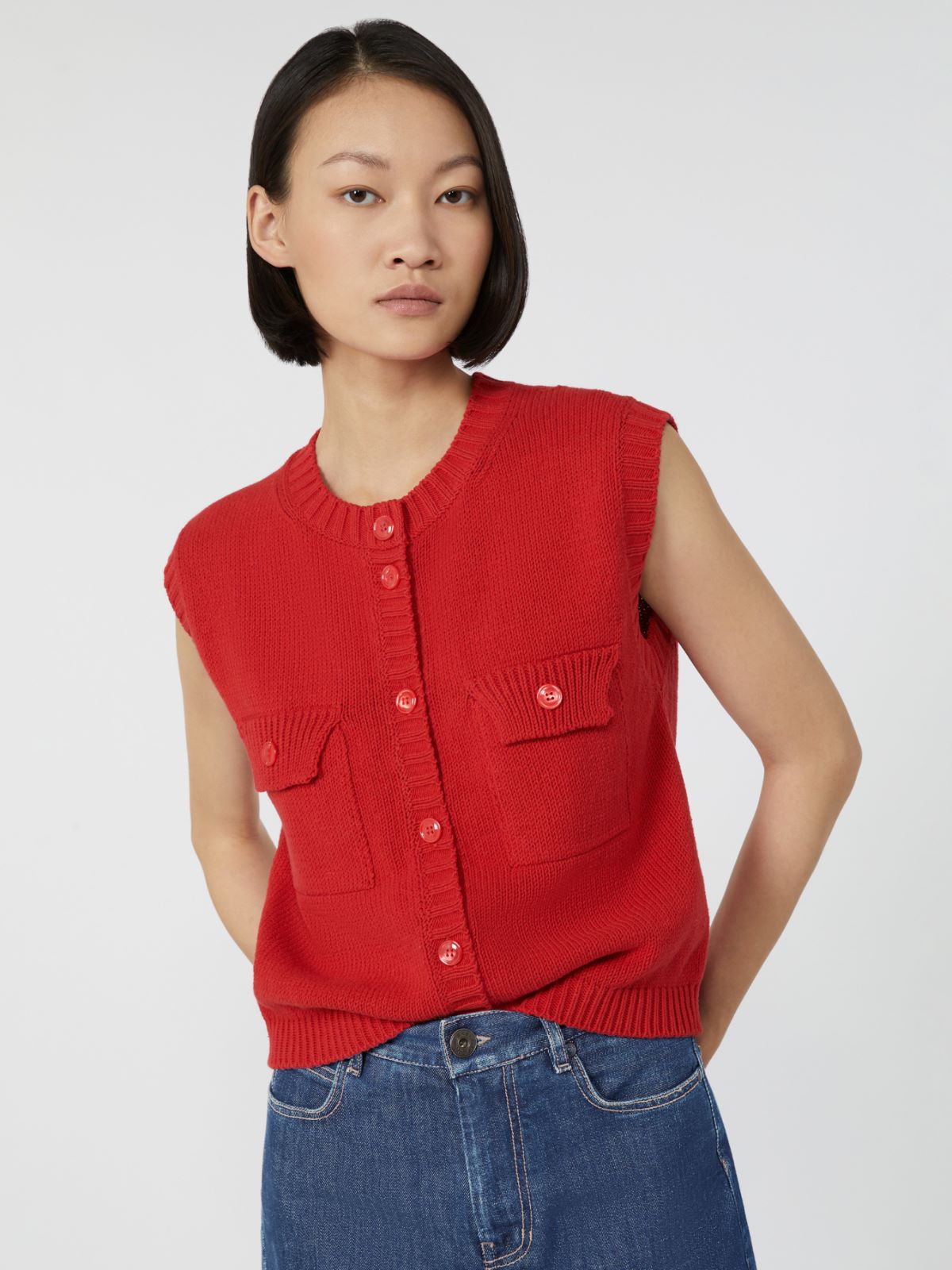 Cotton-blend yarn gilet - RED - Weekend - 4