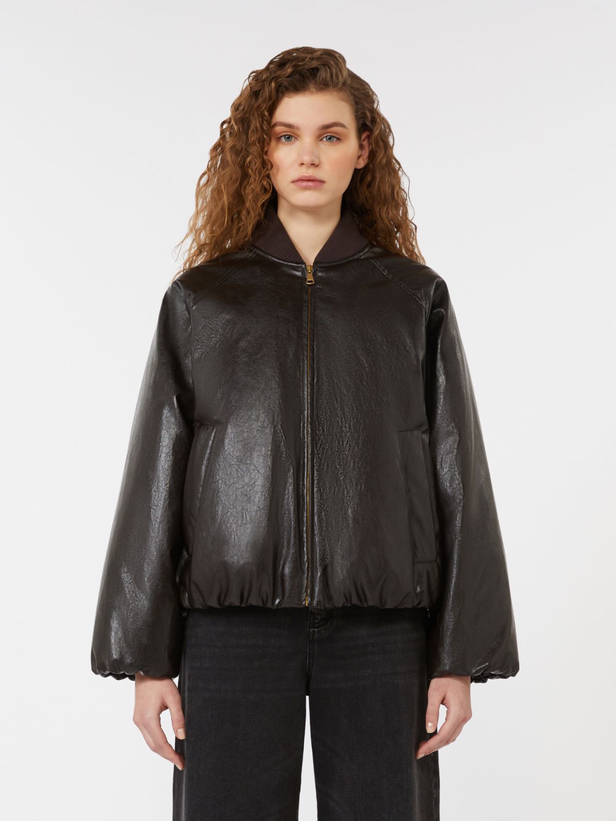 Cropped coated jersey bomber jacket - CHOCOLATE - Weekend - 2