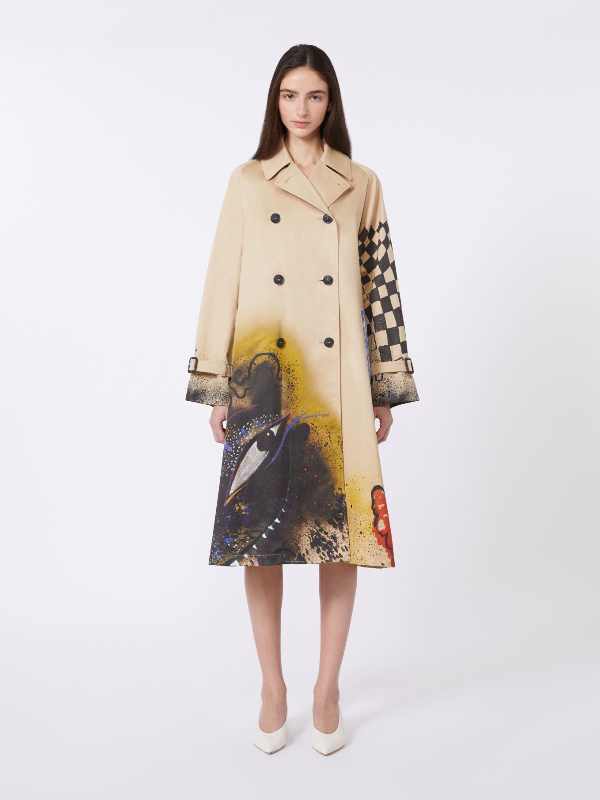 Trench coat in patterned water-repellent gabardine, skin orient