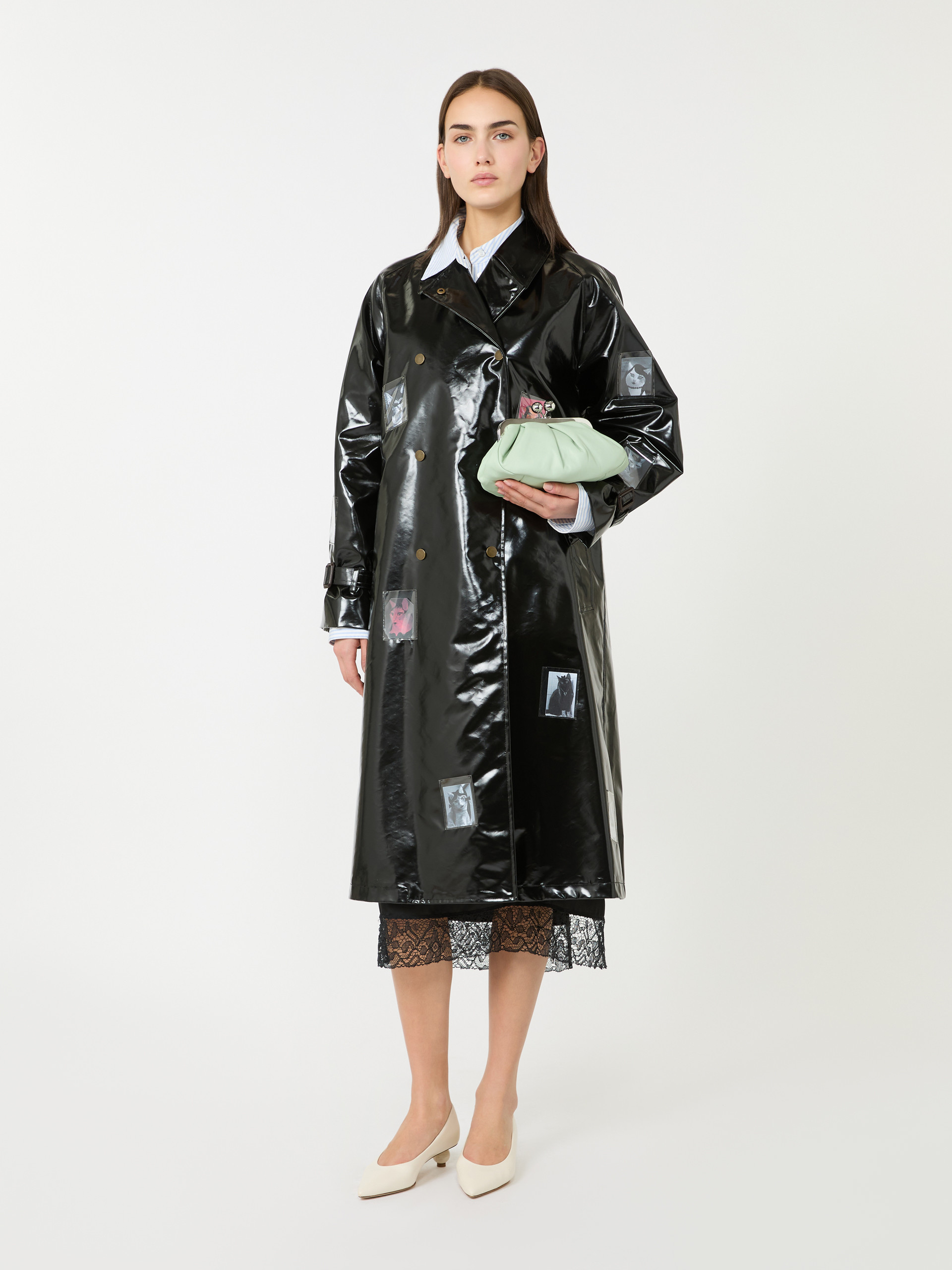 Vinyl-effect gabardine midi trench coat, black | Weekend Max Mara