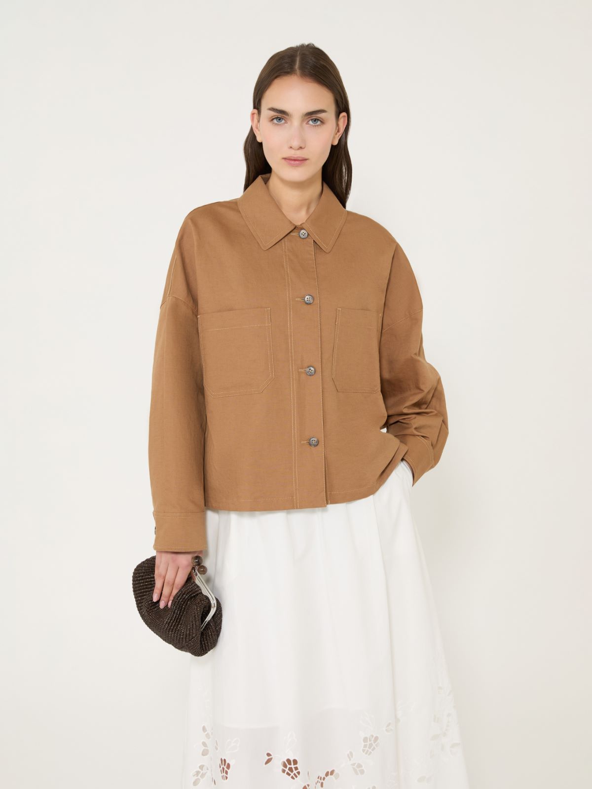 Linen and cotton basketweave oversize jacket - TOBACCO - Weekend - 4