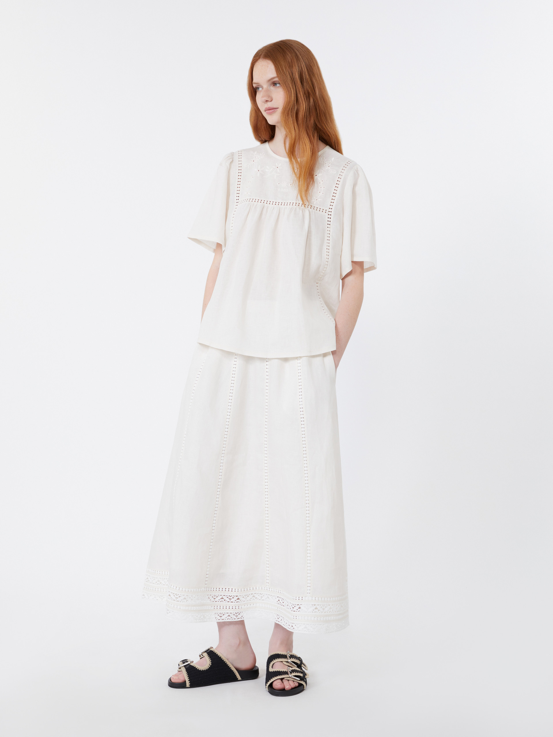 Linen skirt with à jour embroidery - ECRU - Weekend Max Mara