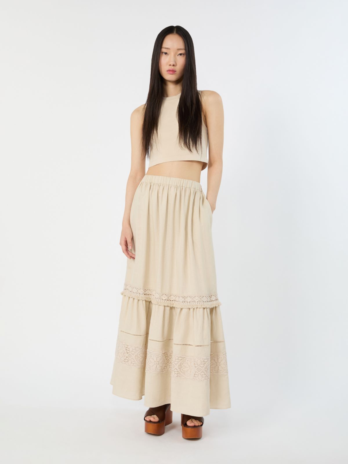 - Long linen fabric skirt - SAND - Weekend