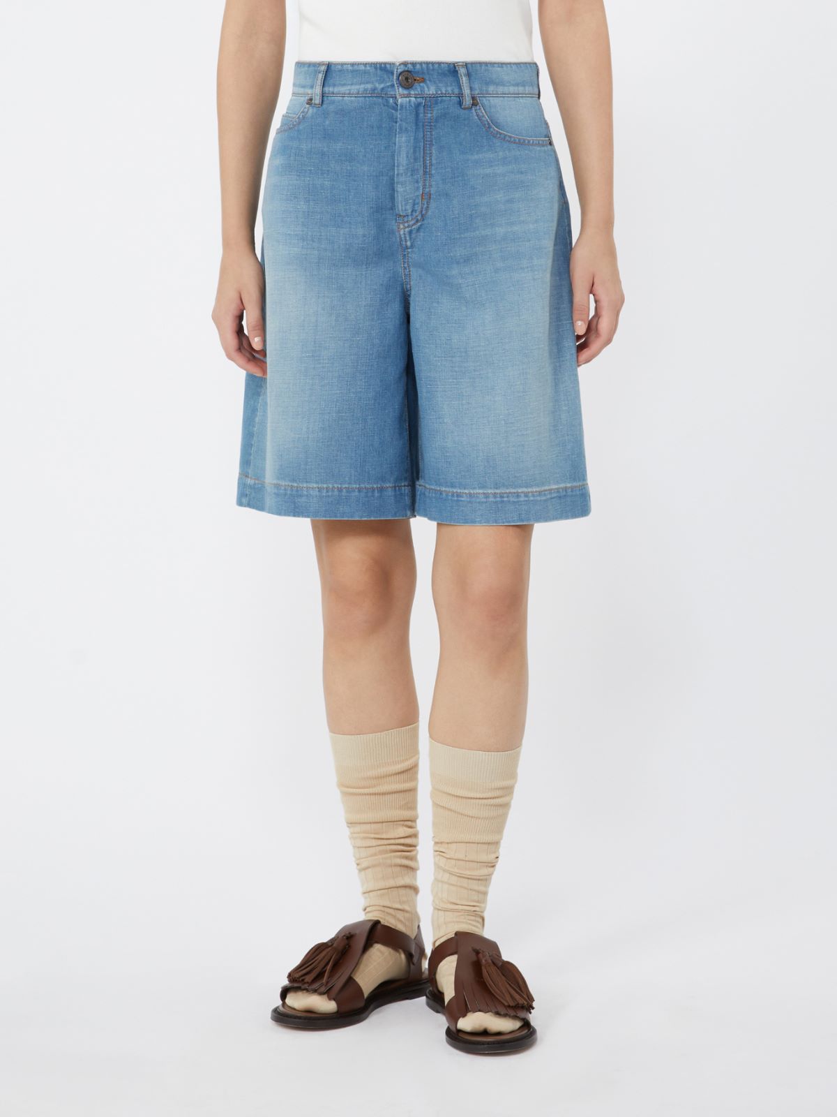 Cotton and linen denim Bermuda shorts - NAVY - Weekend - 2