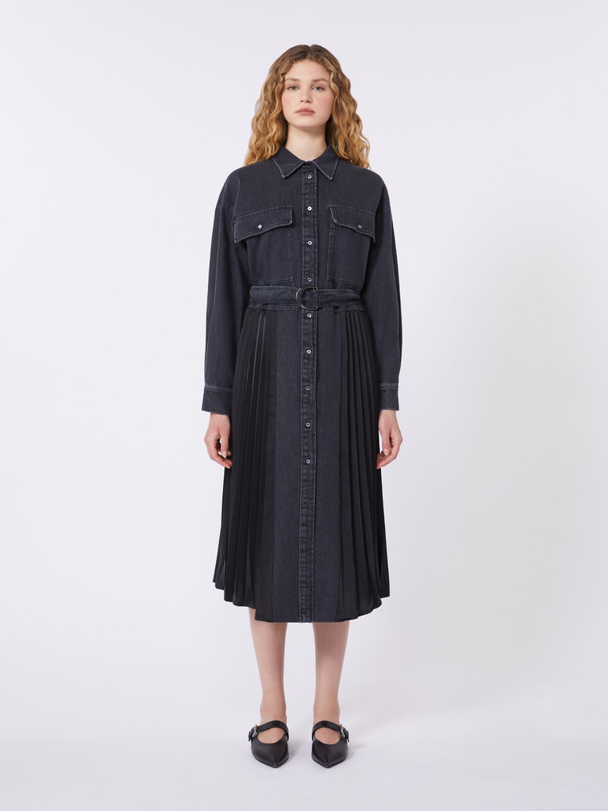 Denim and satin shirt dress - BLACK - Weekend - 2