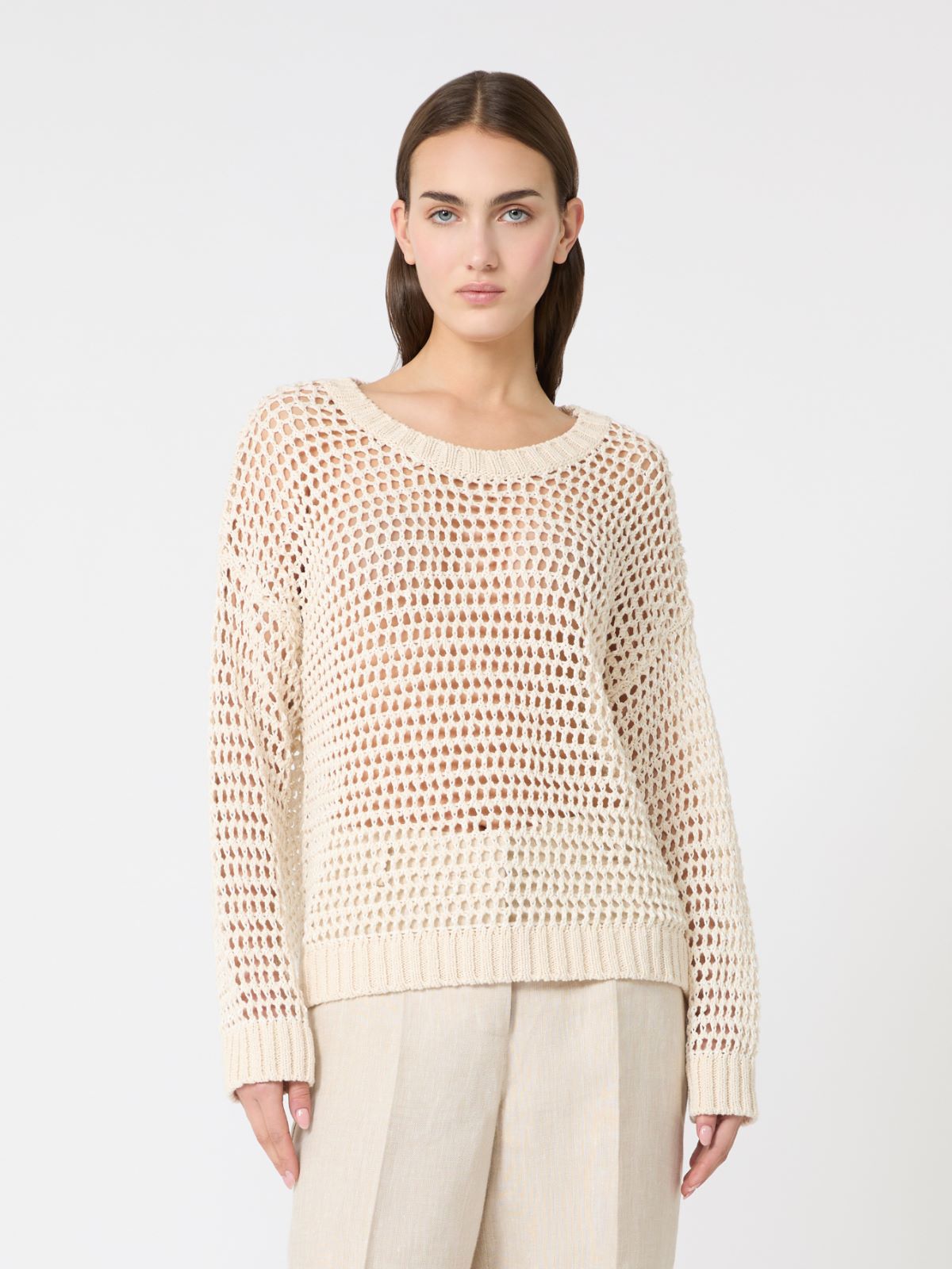 Linen and cotton yarn mesh jumper - ECRU - Weekend - 2