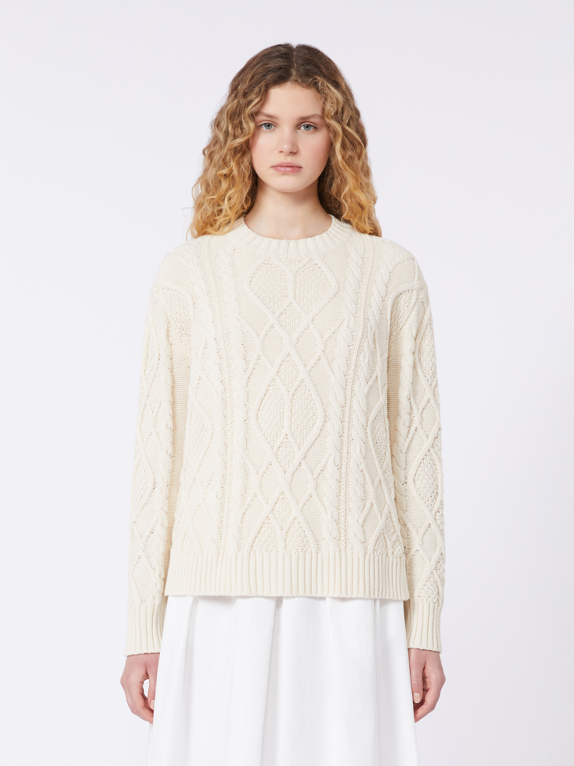 Cable and diamond-knit cotton sweater - ECRU - Weekend Max Mara - 2