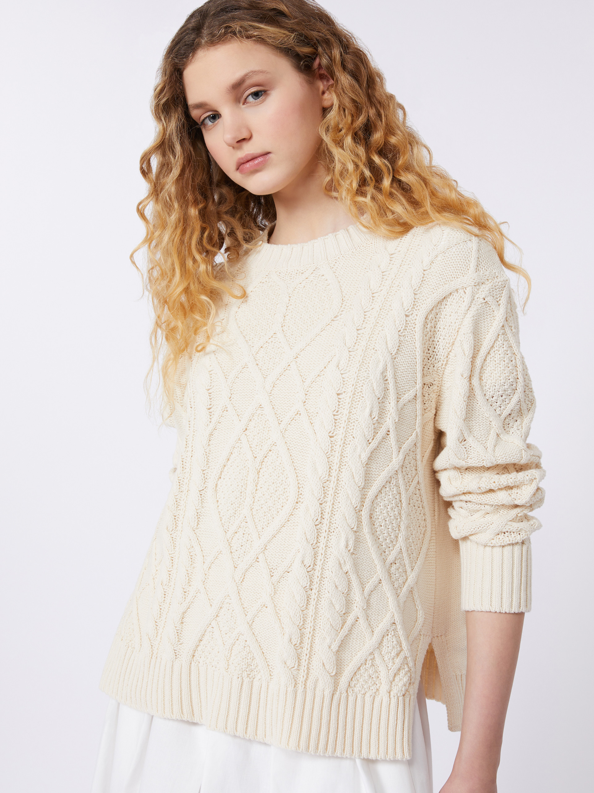 Cable and diamond-knit cotton sweater - ECRU - Weekend Max Mara - 4