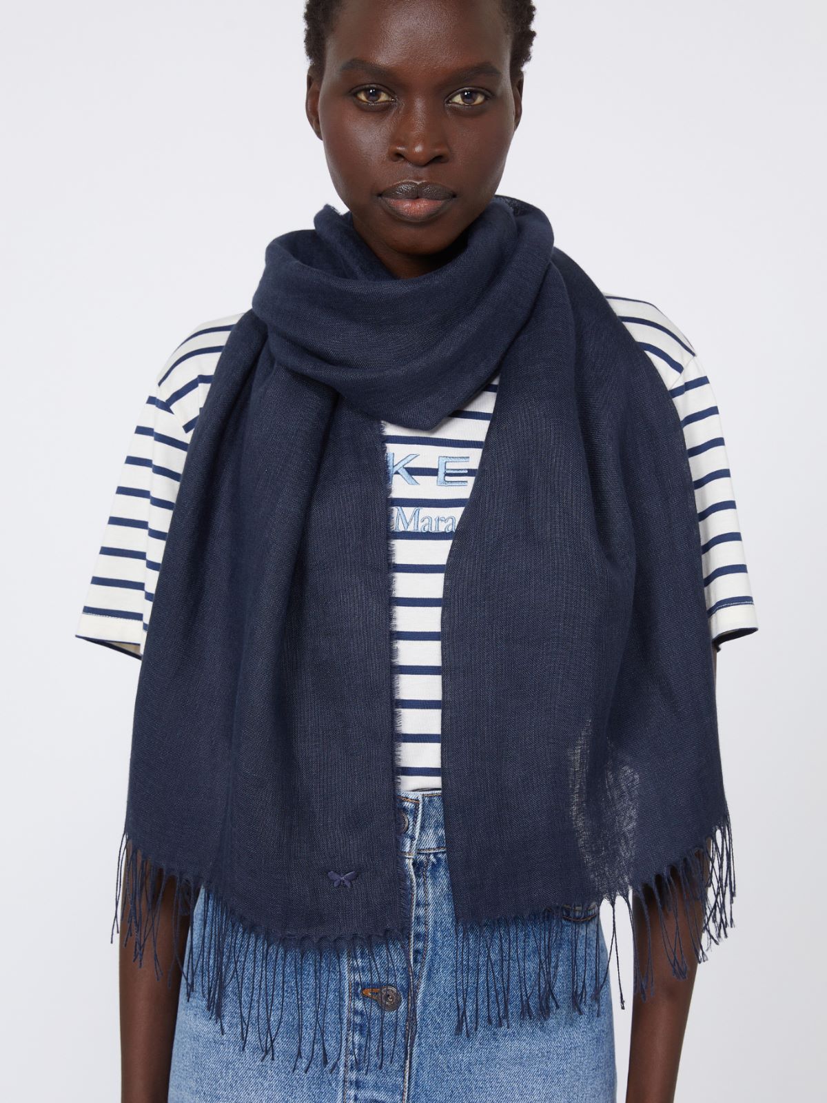 Linen stole with fringes - MIDNIGHTBLUE - Weekend - 5