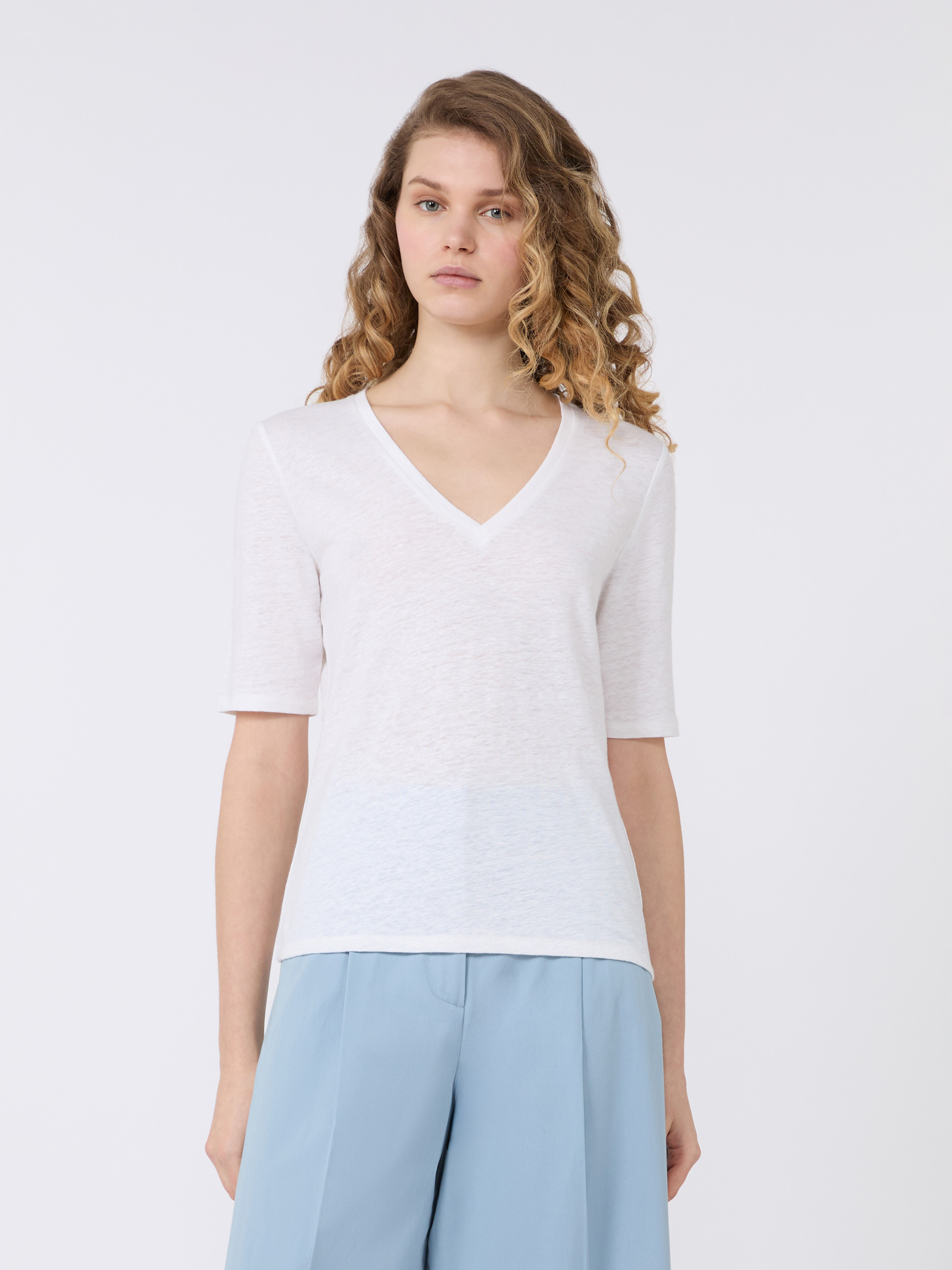 Stretch linen jersey V-neck T-shirt - WHITE - Weekend Max Mara - 2