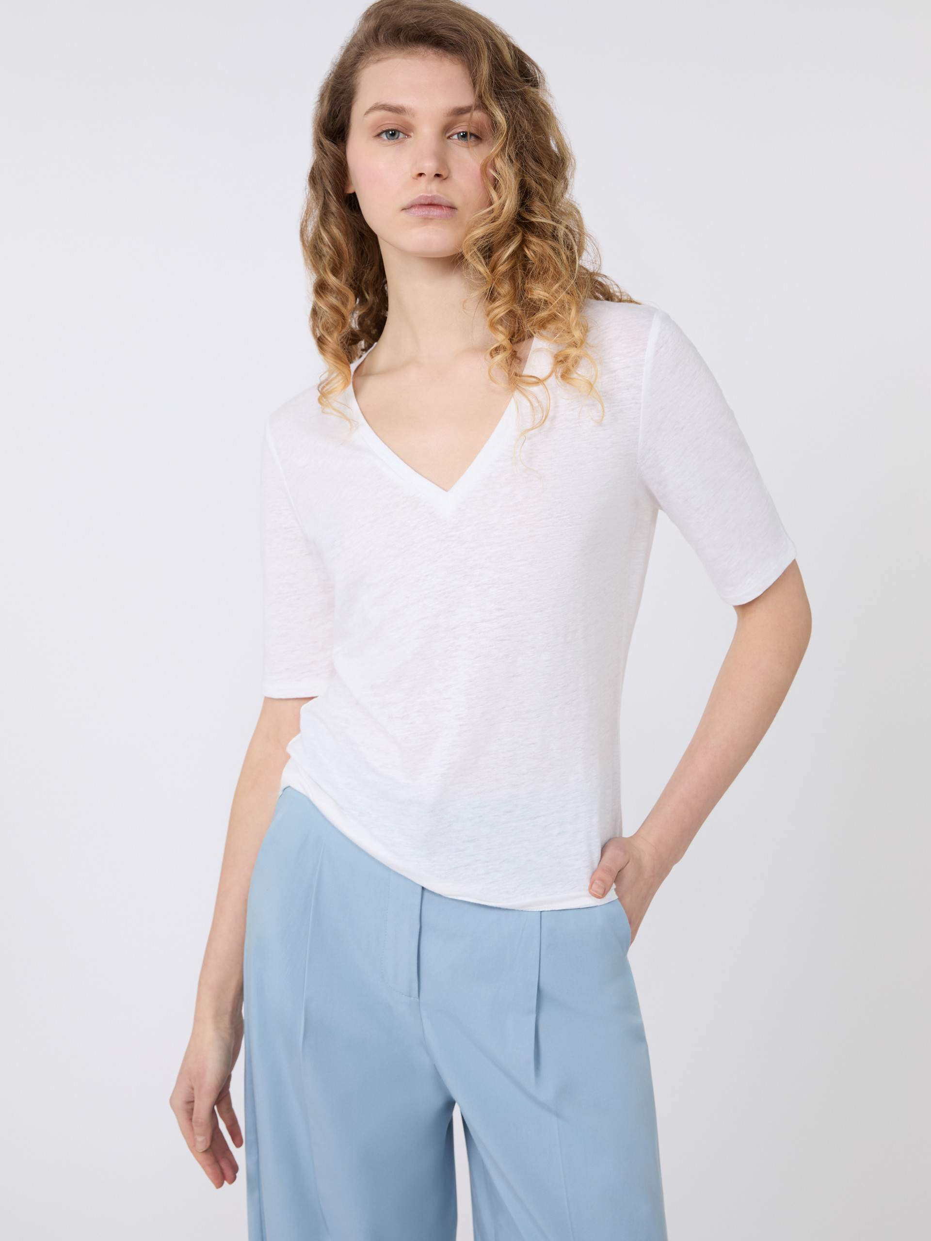 Stretch linen jersey V-neck T-shirt - WHITE - Weekend Max Mara - 4