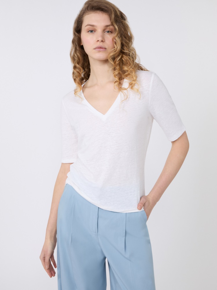 Stretch linen jersey V-neck T-shirt - WHITE - Weekend