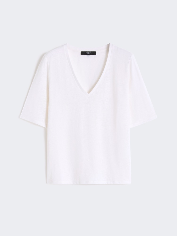 T-shirt a V in jersey di lino stretch - BIANCO - Weekend - 6