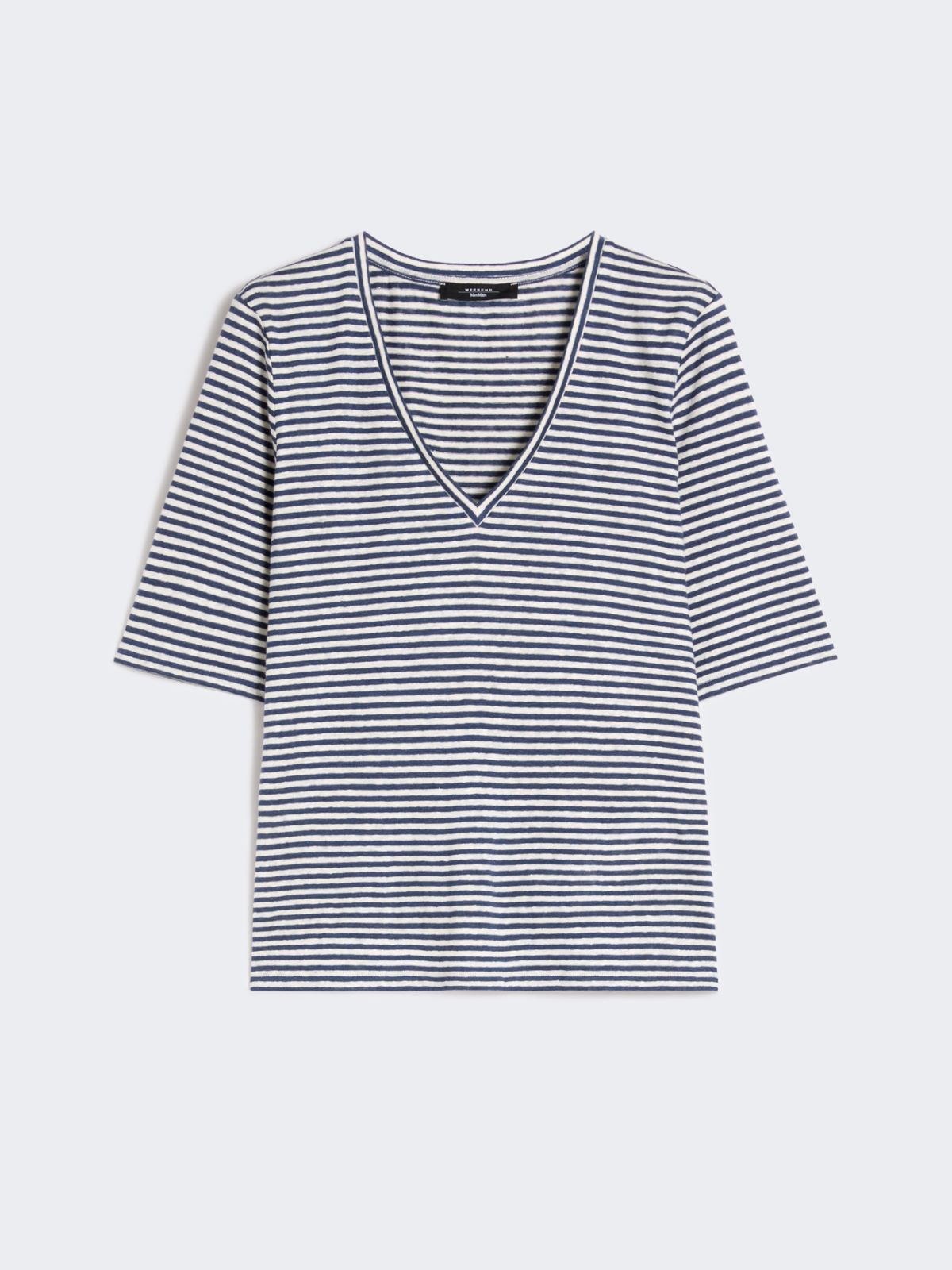 Stretch linen jersey V-neck T-shirt - ULTRAMARINE - Weekend - 5