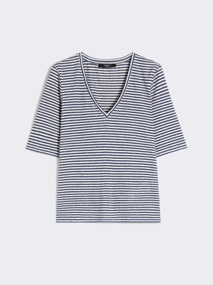 Stretch linen jersey V-neck T-shirt - ULTRAMARINE - Weekend - 6