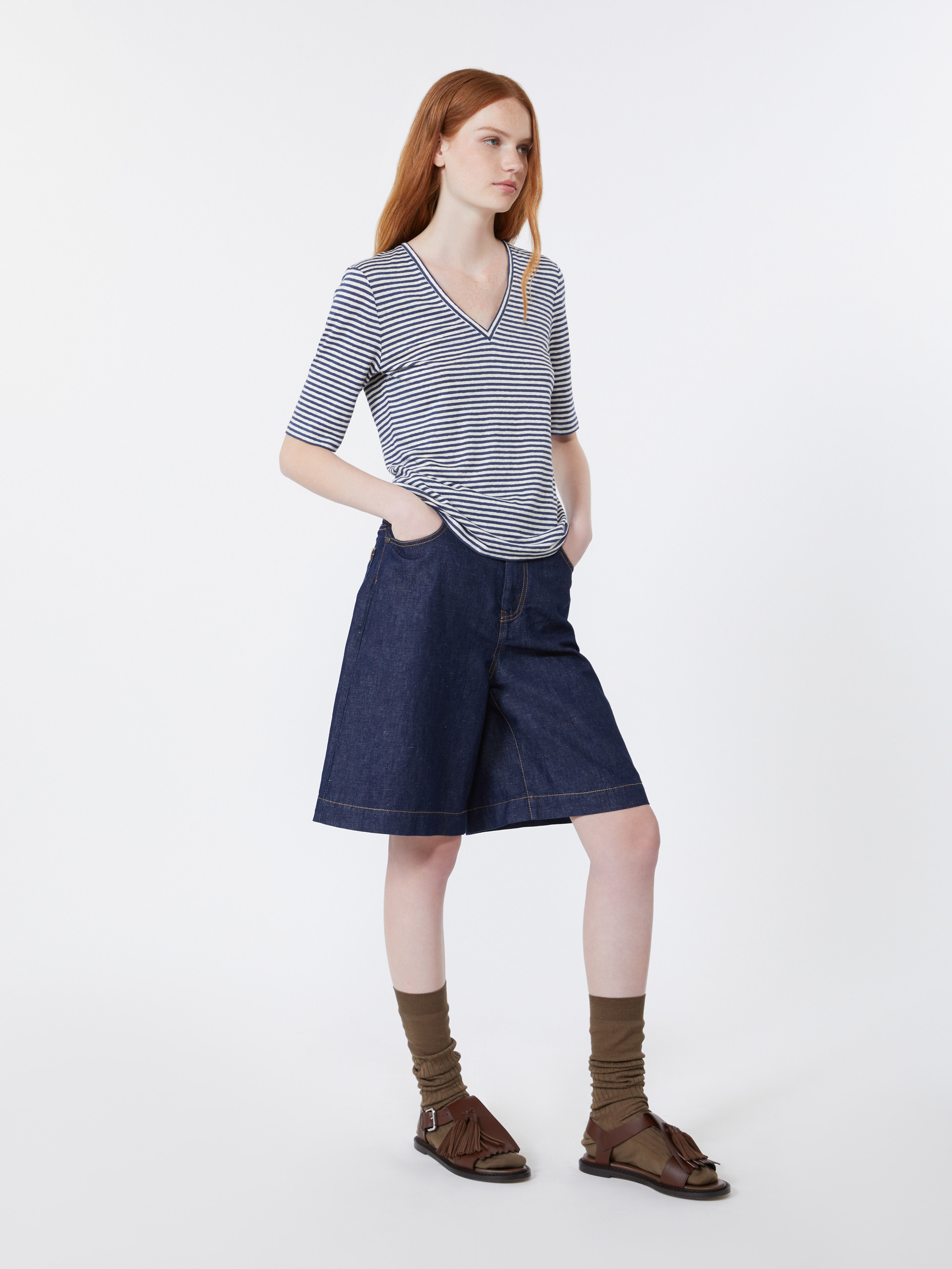 Stretch linen jersey V-neck T-shirt - ULTRAMARINE - Weekend Max Mara