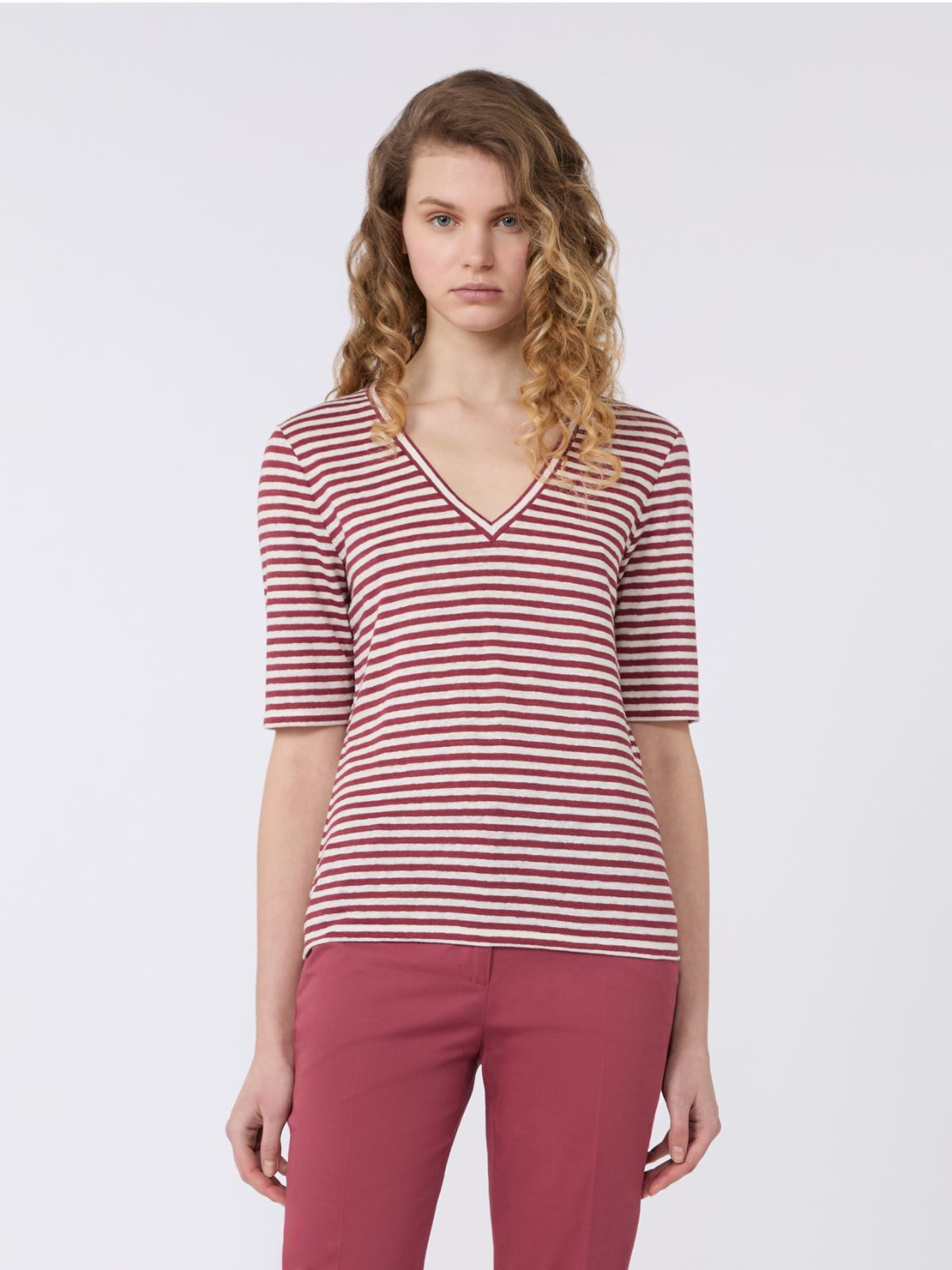 T-shirt a V in jersey di lino stretch - CILIEGIA - Weekend - 2