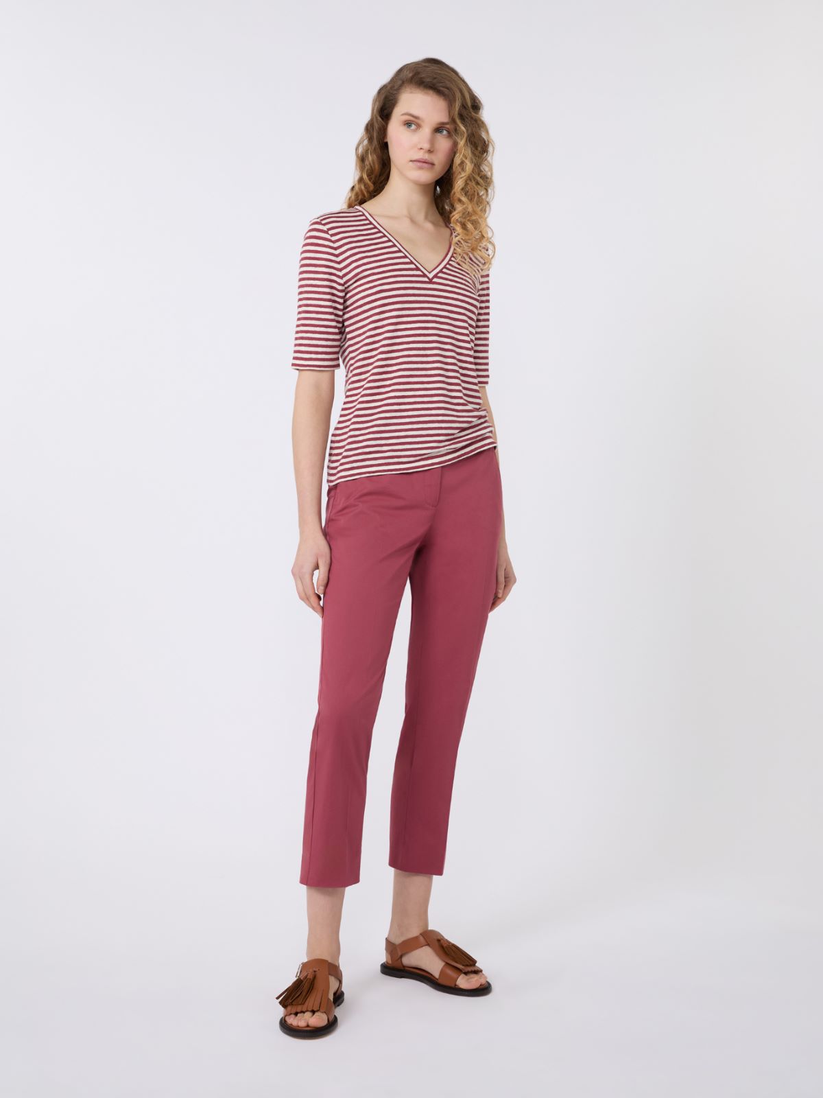 T-shirt a V in jersey di lino stretch - CILIEGIA - Weekend