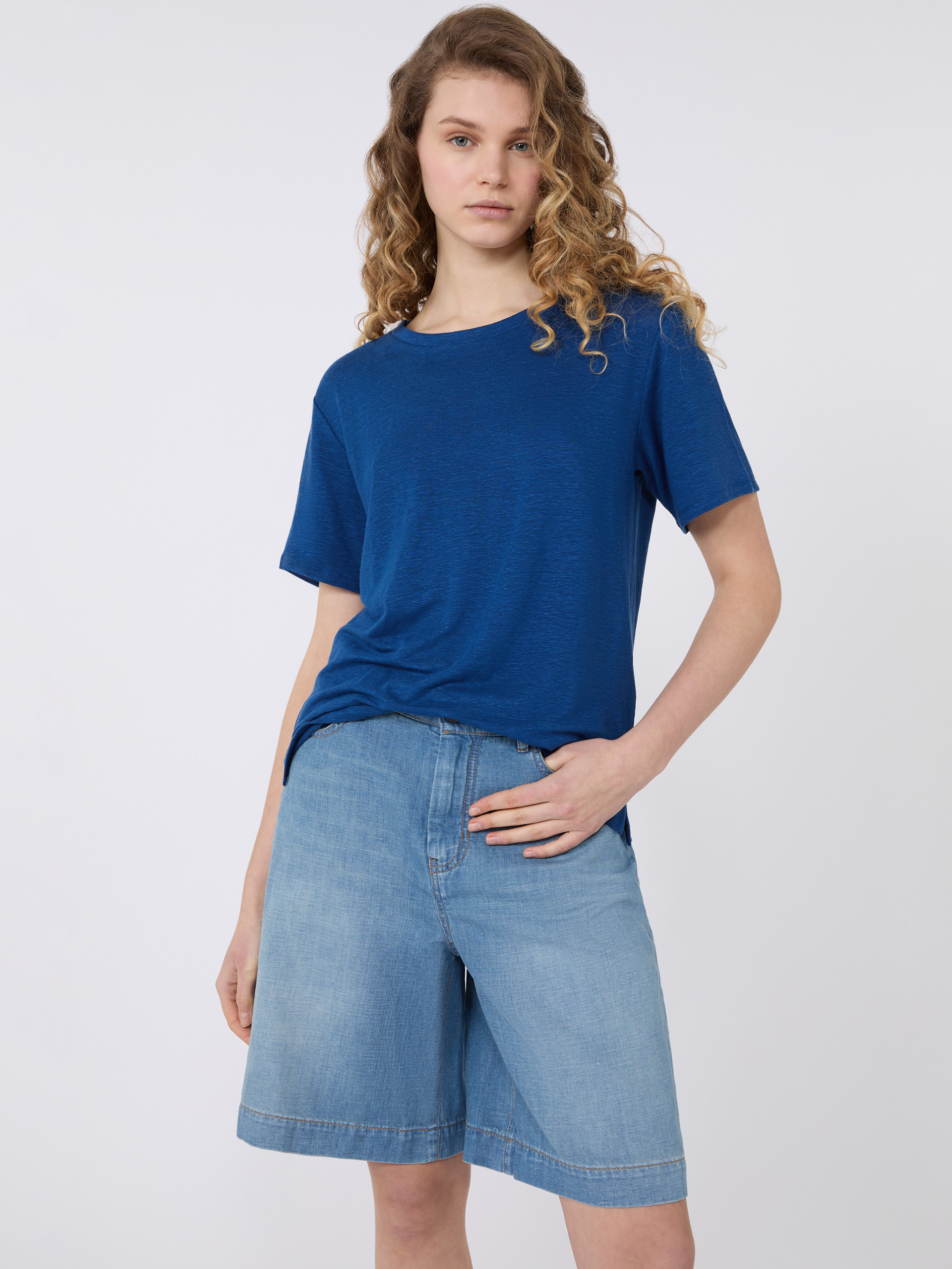 Stretch linen jersey basic T-shirt - OCEAN - Weekend Max Mara - 4