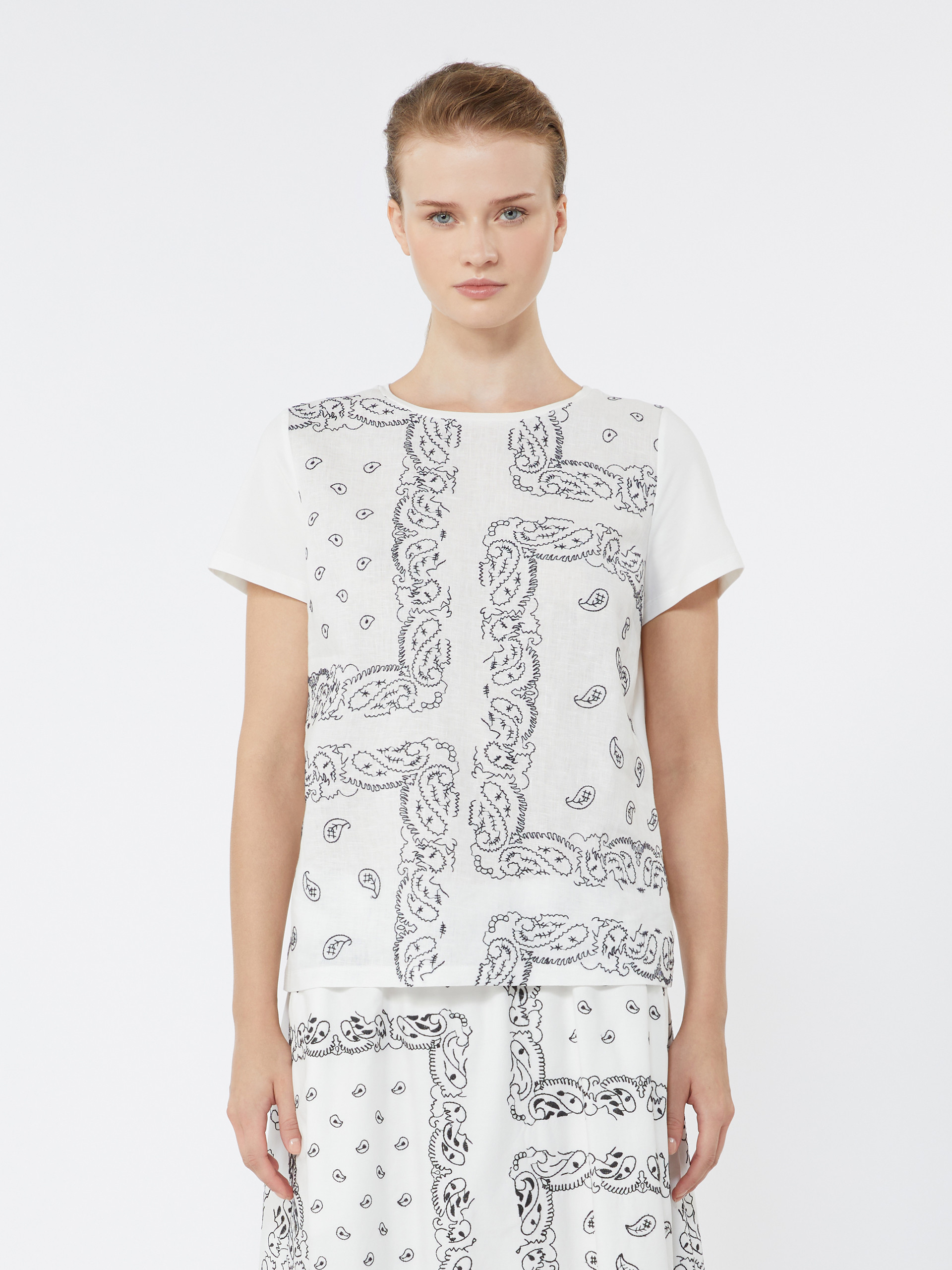 Embroidered linen and stretch cotton jersey T-shirt - WHITE - Weekend Max Mara - 2