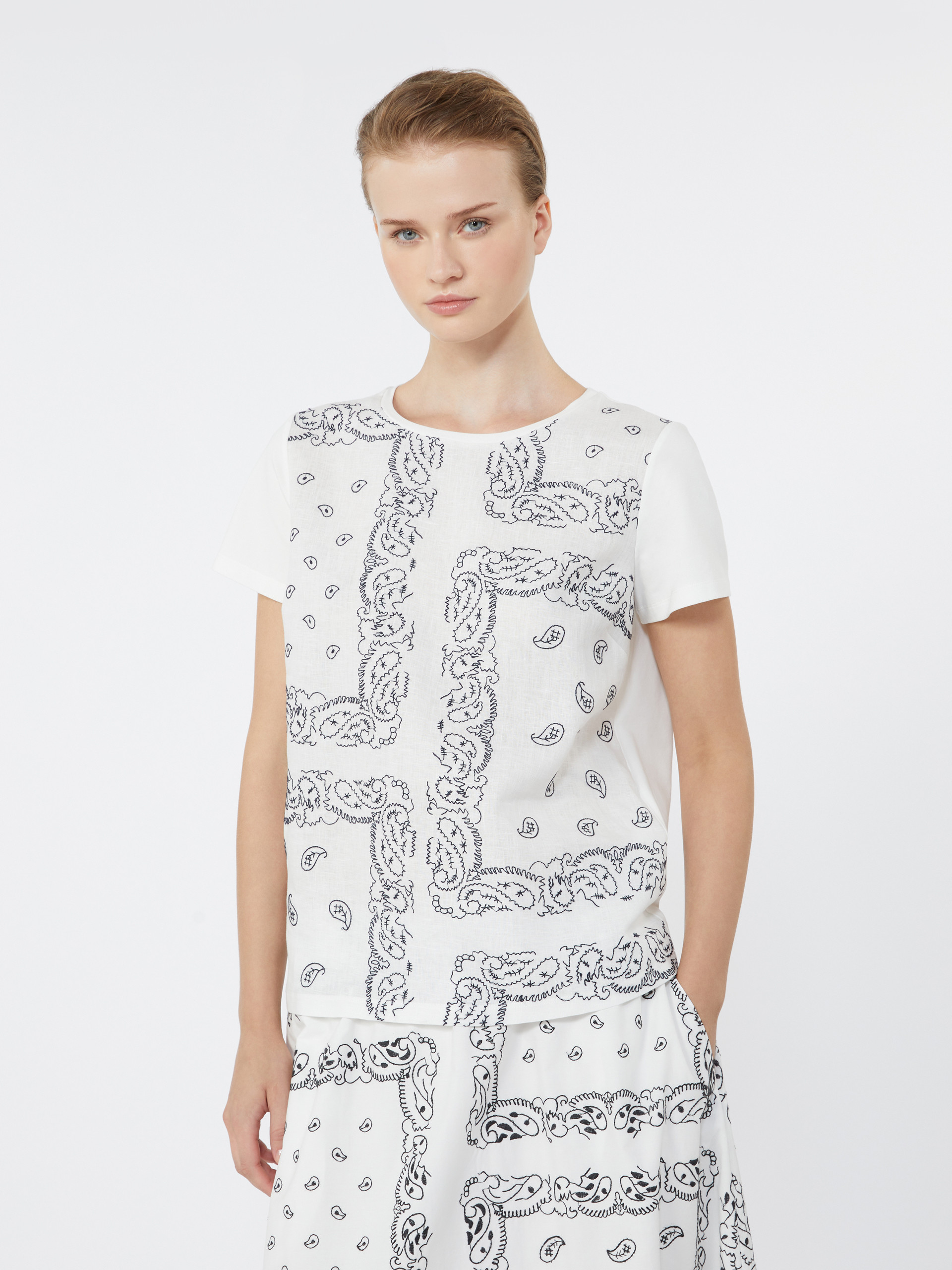 Embroidered linen and stretch cotton jersey T-shirt - WHITE - Weekend Max Mara - 4