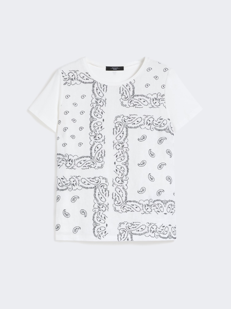 Embroidered linen and stretch cotton jersey T-shirt - WHITE - Weekend