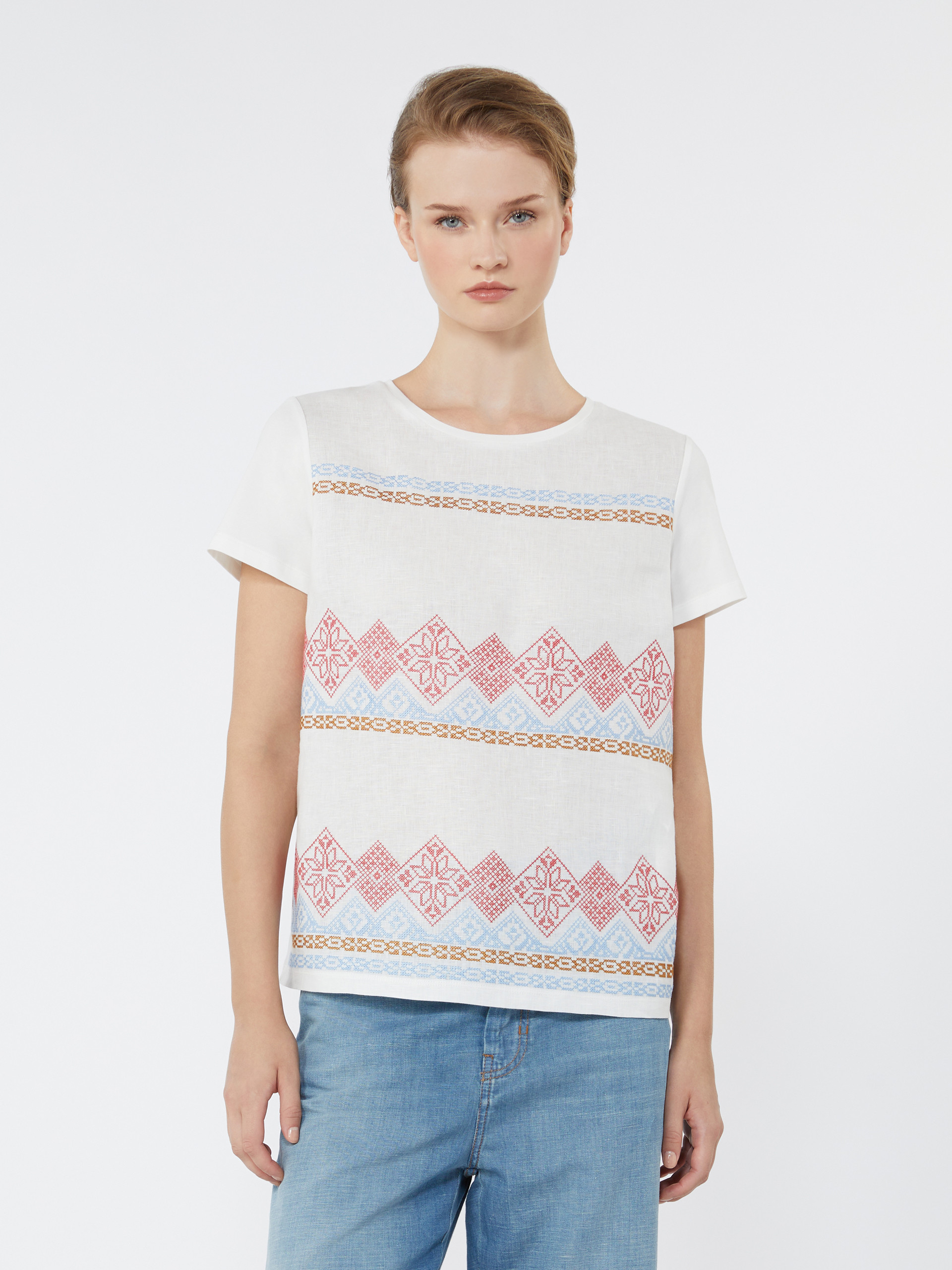 Embroidered linen and stretch cotton jersey T-shirt - WHITE - Weekend Max Mara - 2