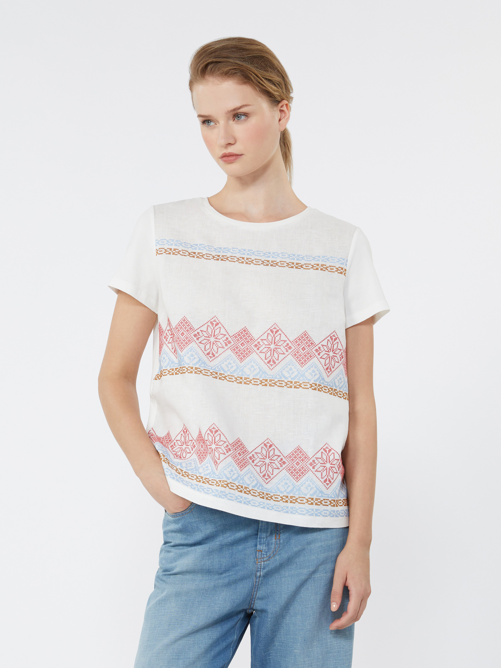 Embroidered linen and stretch cotton jersey T-shirt - WHITE - Weekend Max Mara - 4