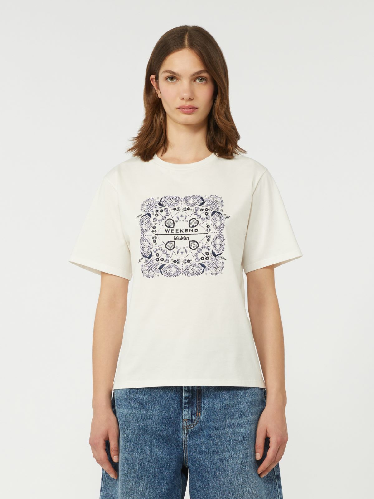 Print and embroidery-adorned cotton T-shirt - WHITE - Weekend - 2