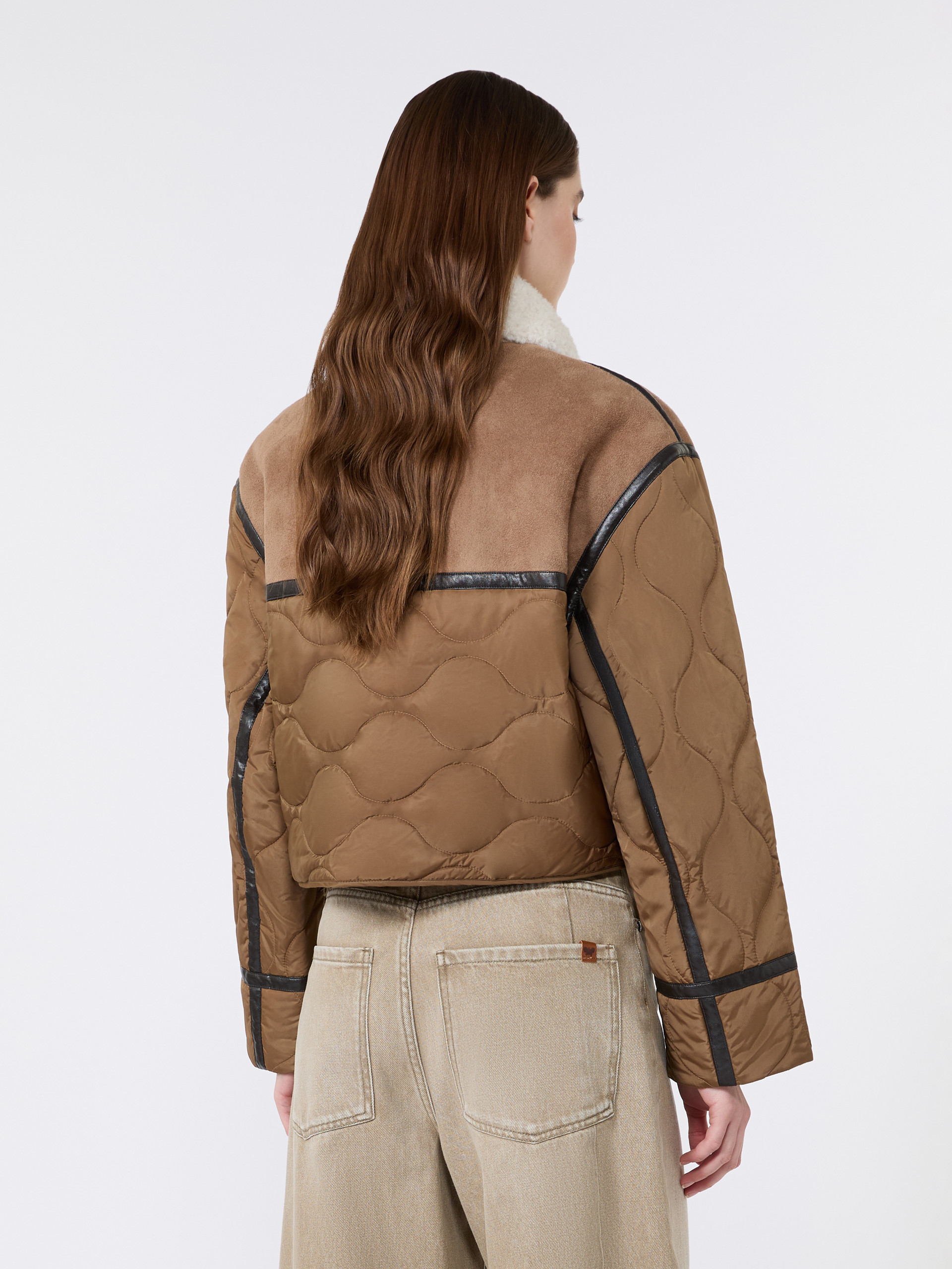Suede-effect and technical fabric cropped jacket - CAMEL - Weekend Max Mara - 3
