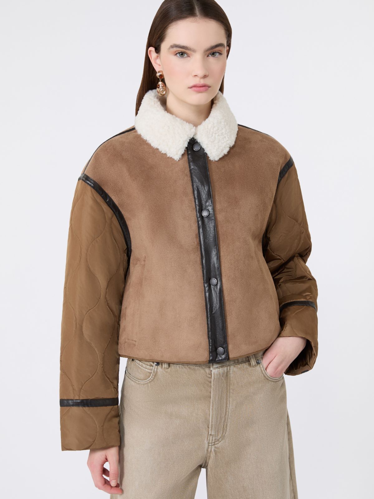 Suede-effect and technical fabric cropped jacket - CAMEL - Weekend Max Mara - 4