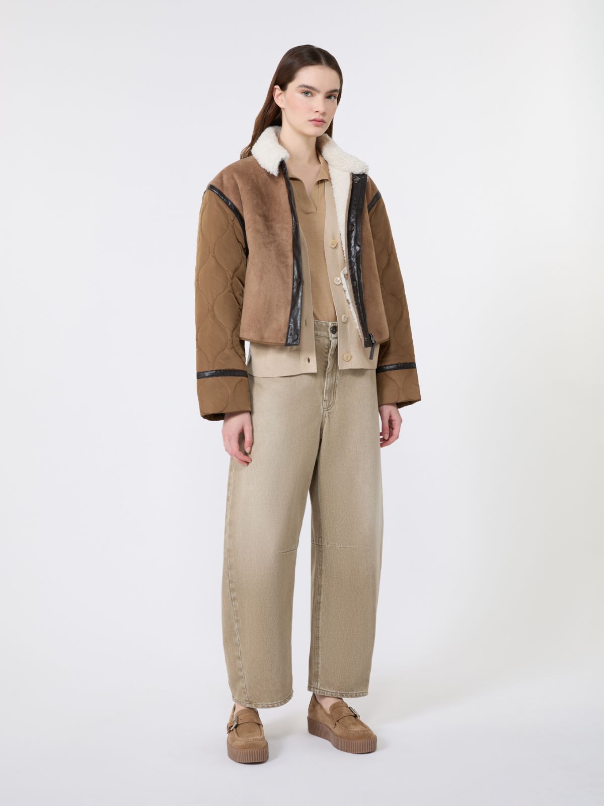 Suede-effect and technical fabric cropped jacket - CAMEL - Weekend Max Mara